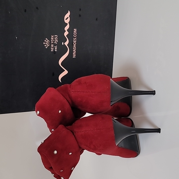 Nina Bazeel Red Stretch Microfiber Rhinestone Booties - Picture 3 of 8